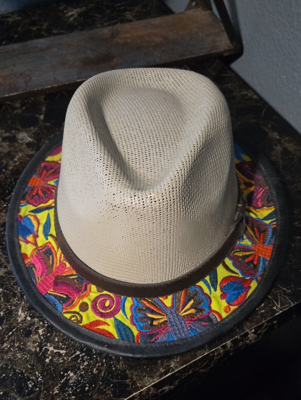 Beige Straw Fedora with Colorful Embroidered Brim